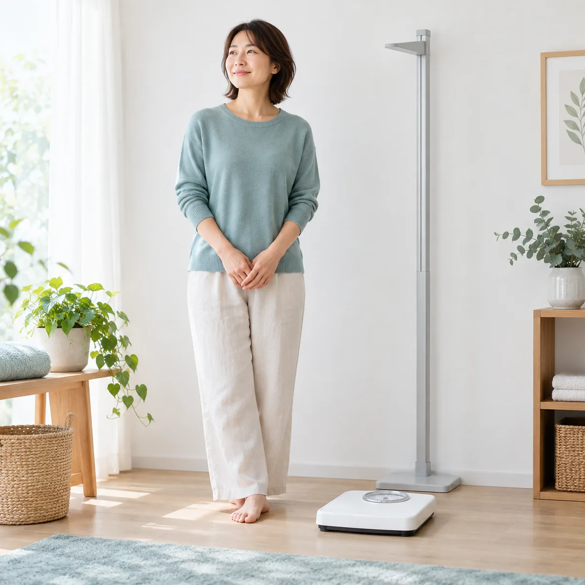 身長計と体重計の前で体格を確認する人