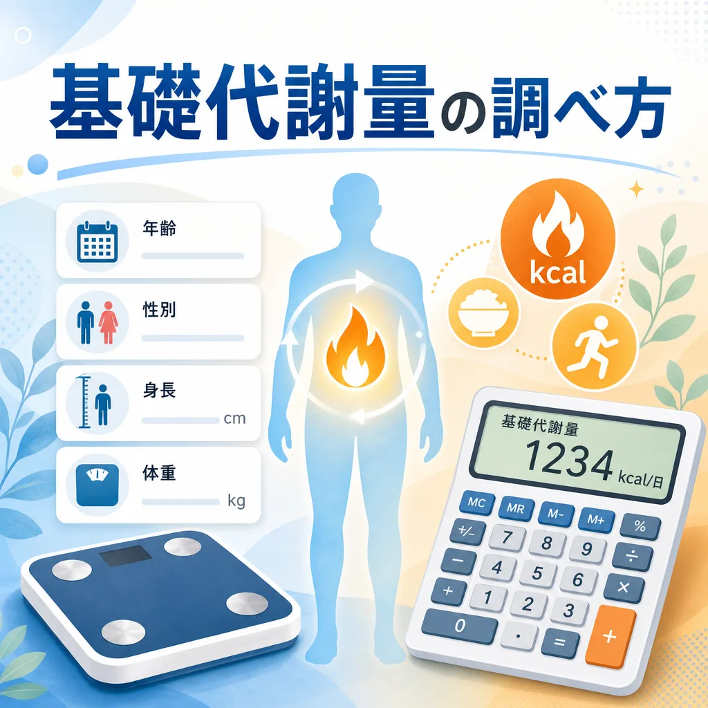 基礎代謝量の調べ方を計算機と体重計で確認するイメージ図