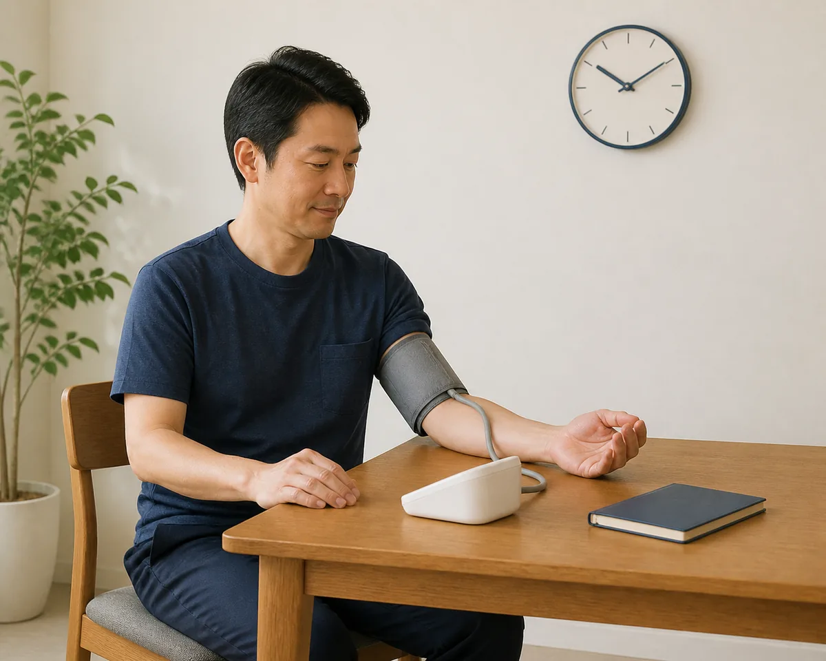 椅子に座り腕を支えて家庭血圧を測る正しい姿勢のイメージ