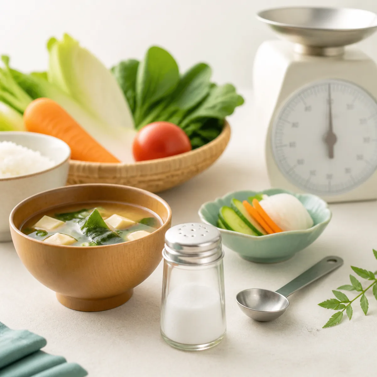 味噌汁や野菜、食塩、計量スプーンを並べた1日の塩分摂取量解説イメージ