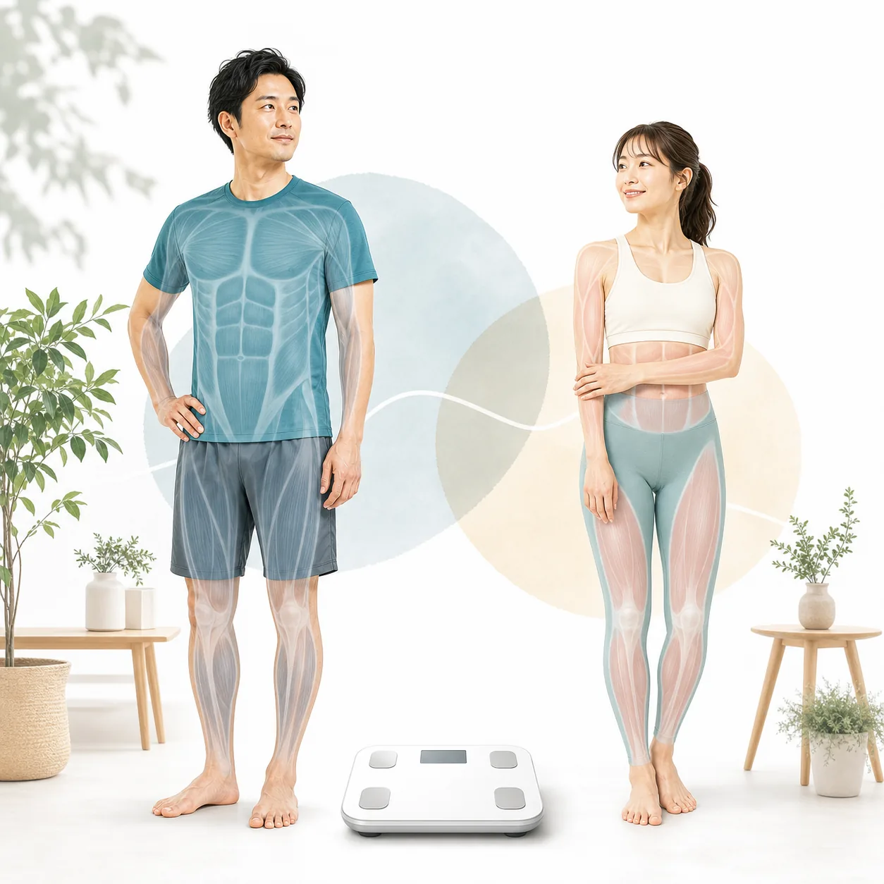 骨格筋率を体組成計で確認する男女のイラスト